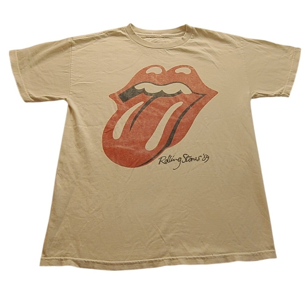 The Rolling Stones 89 Graphic T-Shirt Cream Distressed Rock Band Tee Mens Medium